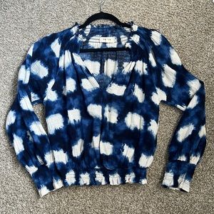 Porridge x Anthropologie Tie Dye Blue & White Distressed Boho Blouse Top Size XS